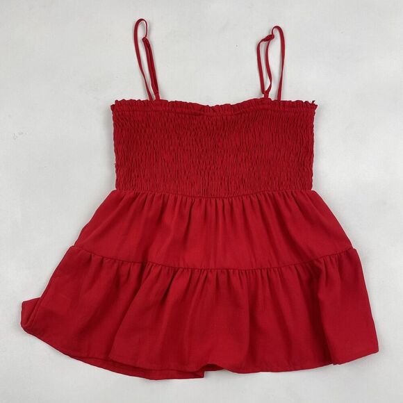 Paper Crane Red Spaghetti Strap Smocked Tiered Top Size Small 100% Polyester - Picture 5 of 5